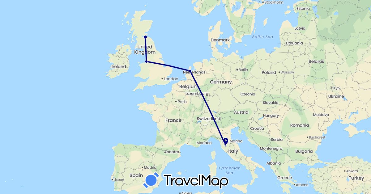 TravelMap itinerary: driving in United Kingdom, Italy, Netherlands (Europe)